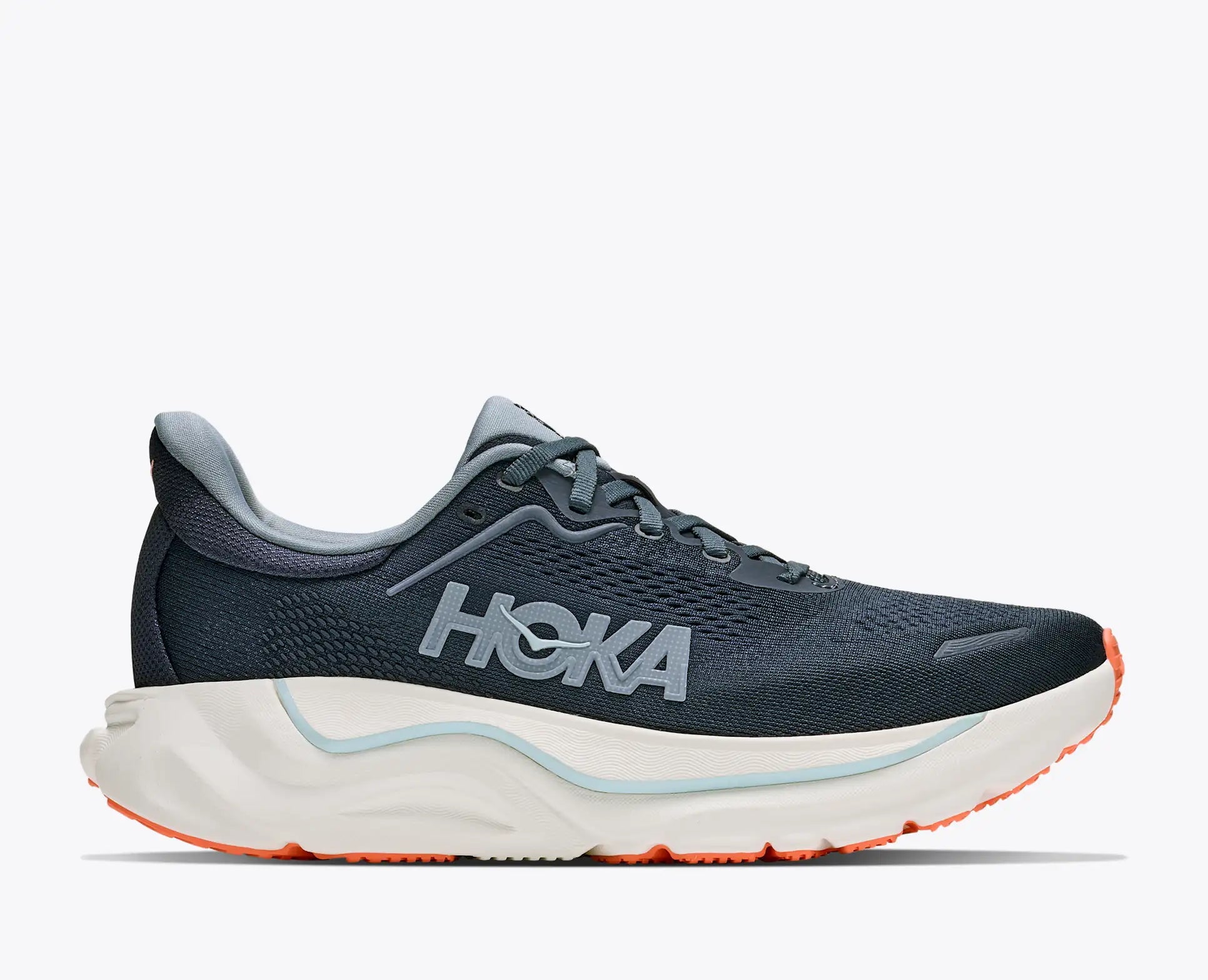 Hoka Arahi 9 Women's, super lightweight support running and walking shoe, navy shoe with light blue and orange details and white sole, side profile of shoe