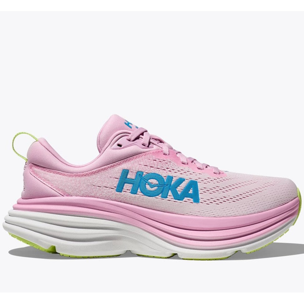 Pink hoka bondi 8 womens running shoe with blue 'Hoka' logo 