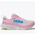 Pink hoka bondi 8 womens running shoe with blue 'Hoka' logo 