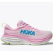 Pink hoka bondi 8 womens running shoe with blue 'Hoka' logo 