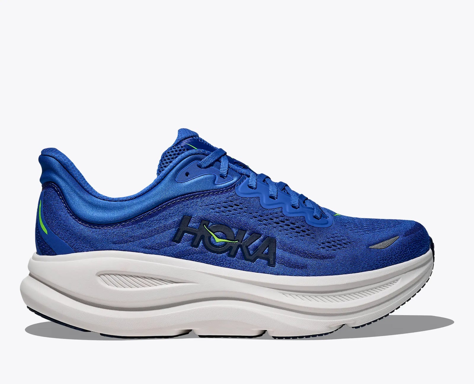 hoka bondi 9 mens, extra cushioned road running and walking shoe, blue with white sole, side profile of shoe on white background 