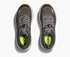 Pair of dark gray hoka bondi 9 running shoe with orange and lime green accents looking down