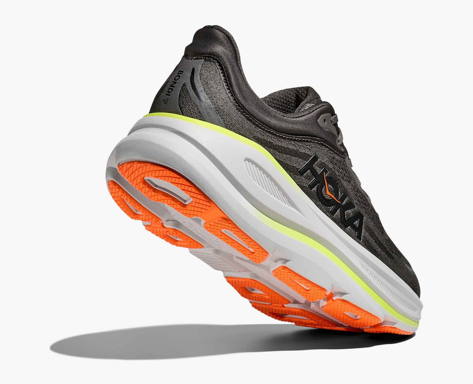 Dark gray hoka bondi 9 running shoe with orange sole