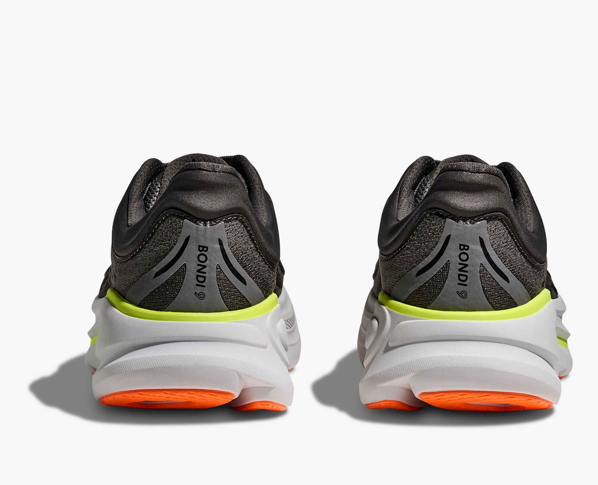 Dark gray hoka bondi 9 running shoe with orange and lime green accents on heels