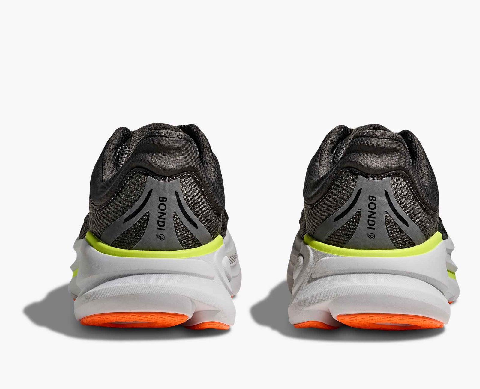Dark gray hoka bondi 9 running shoe with orange and lime green accents on heels