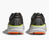 Dark gray hoka bondi 9 running shoe with orange and lime green accents on heels