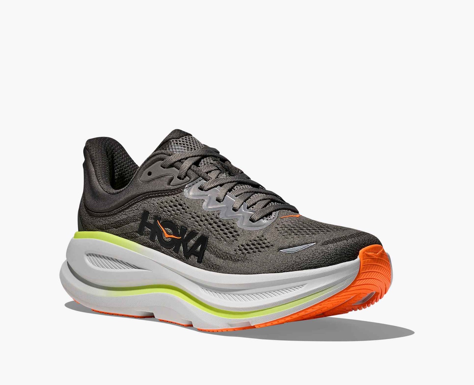 Dark gray hoka bondi 9 running shoe with orange and lime green accents