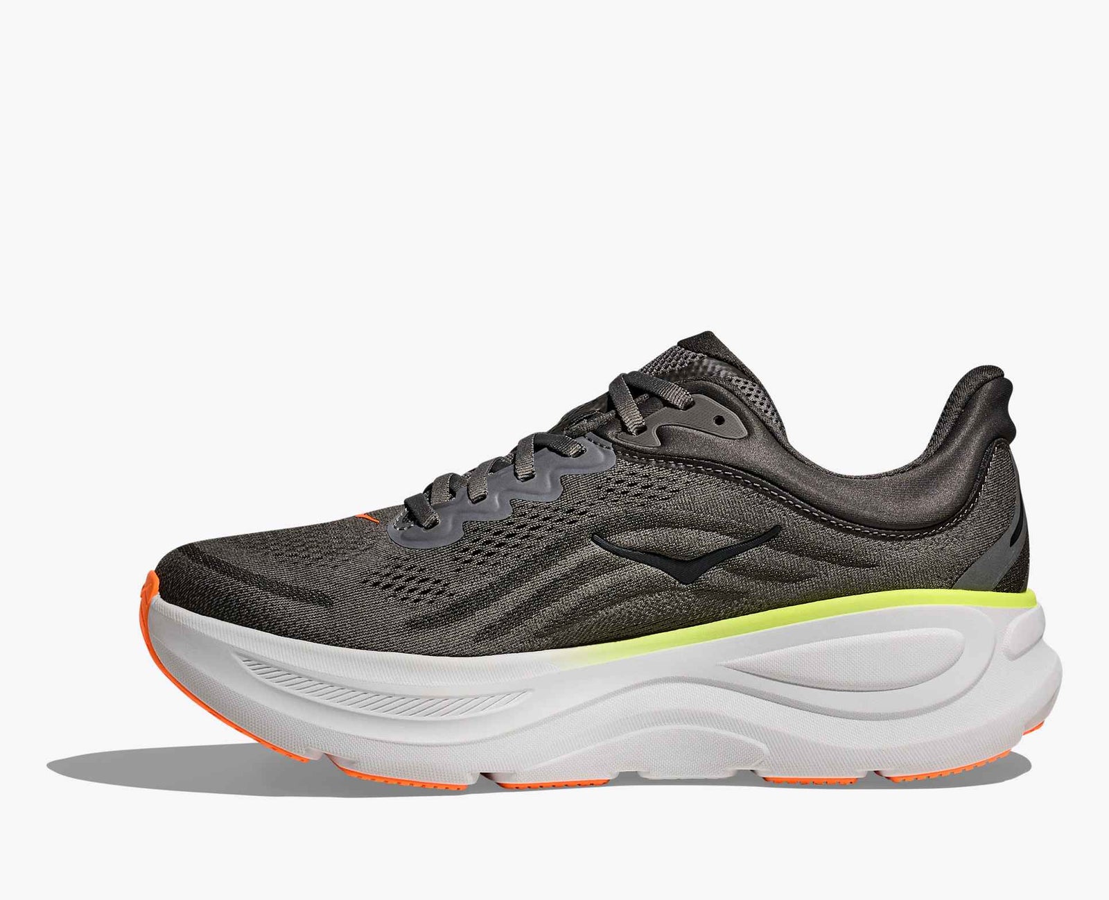 Dark gray hoka bondi 9 running shoe with orange and lime green accents