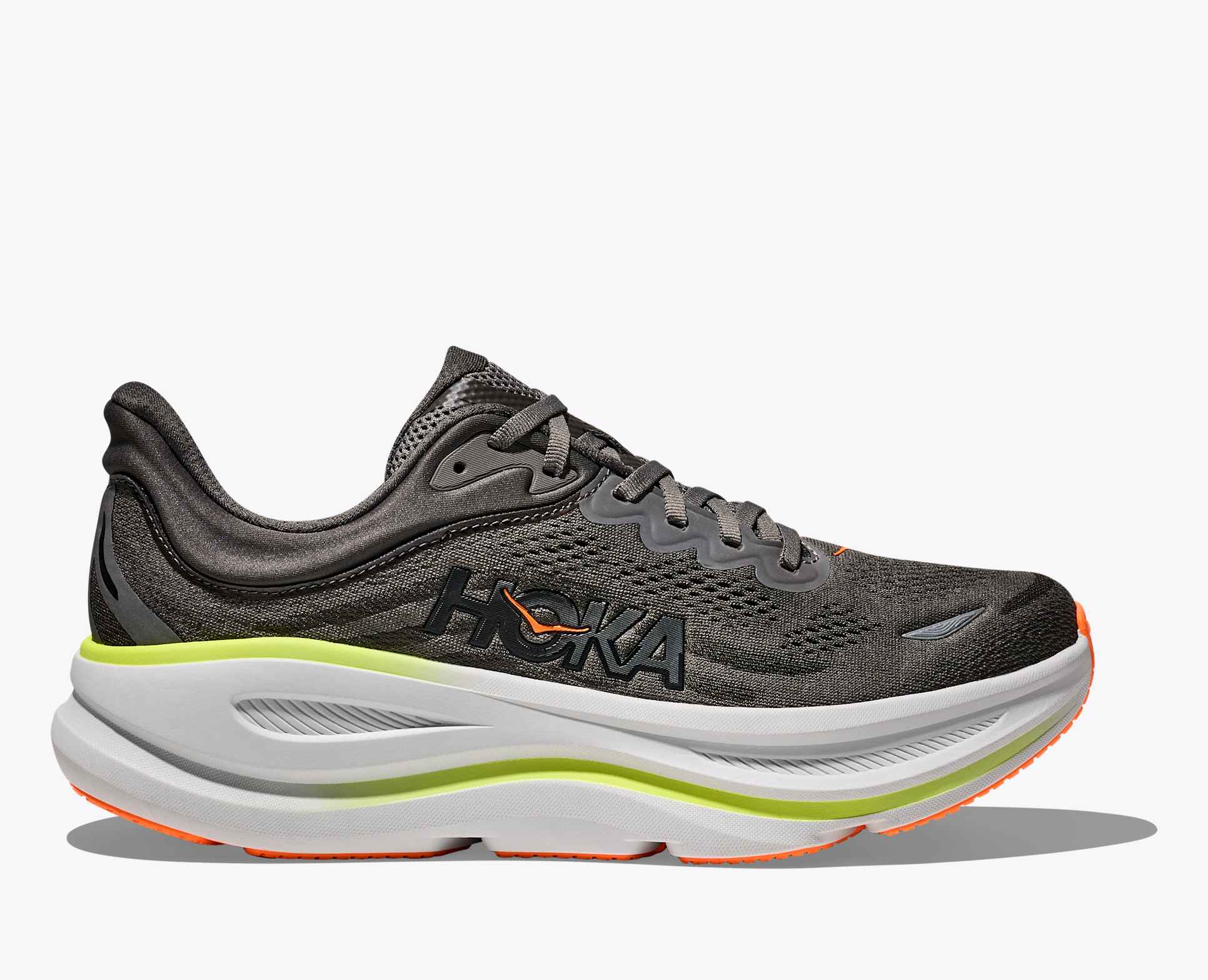 Dark gray hoka bondi 9 running shoe with orange and lime green accents