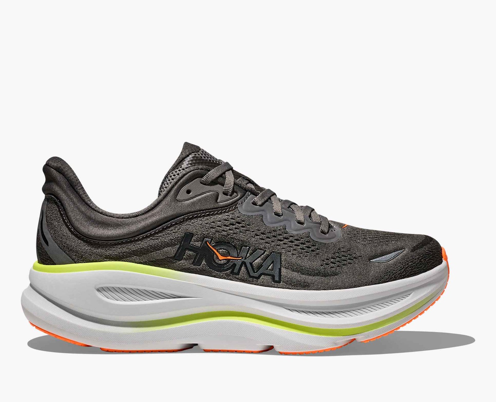 Dark gray hoka bondi 9 running shoe with orange and lime green accents