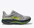 Light grey hoka bondi 9 running shoe with black and green accents