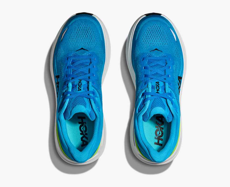 Blue hoka bondi 9 running shoe for men with white sole and green accent top view