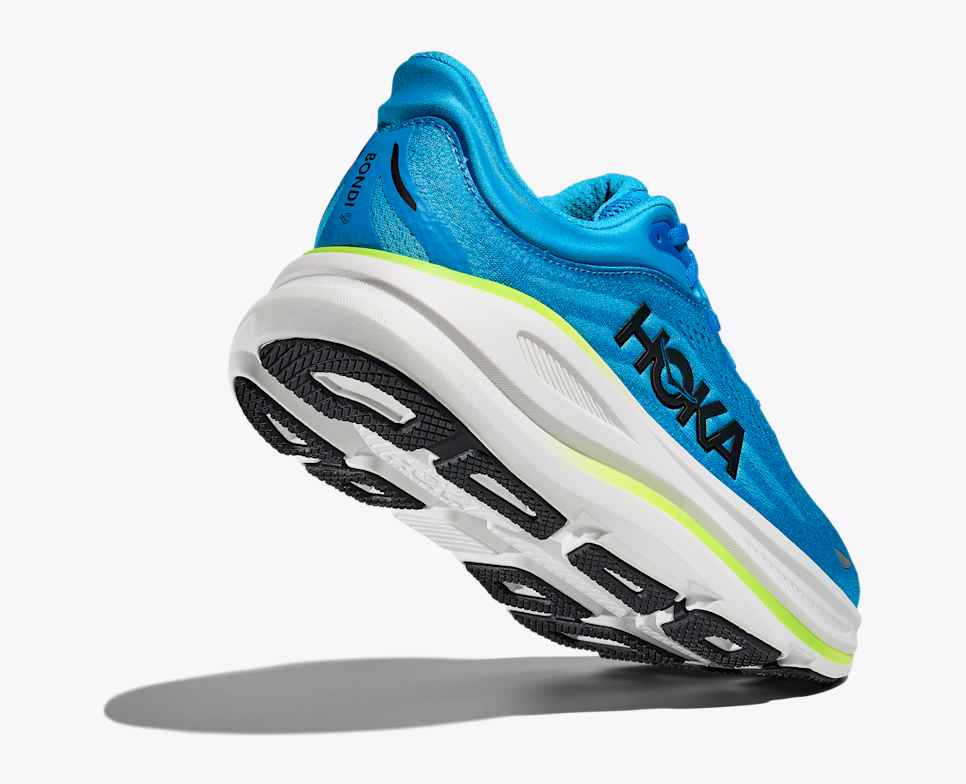 Blue hoka bondi 9 running shoe for men with white sole and green accent heel
