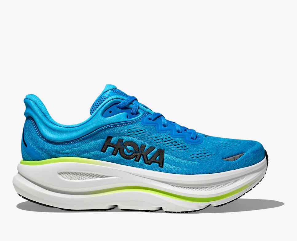 Blue hoka bondi 9 running shoe for men with white sole and green accent 