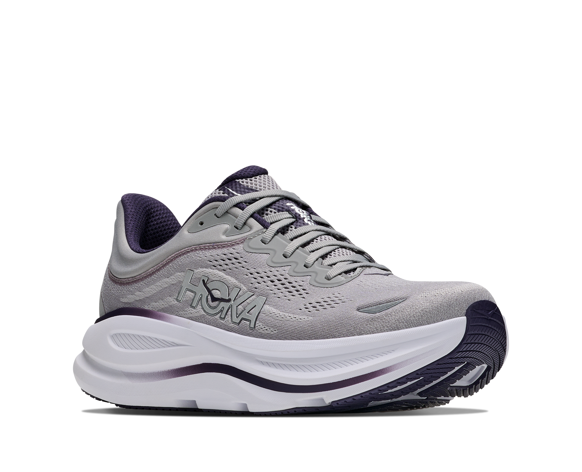 hoka bondi 9 mens, extra cushioned road running and walking shoe, grey with black details, picture of shoe on white background 