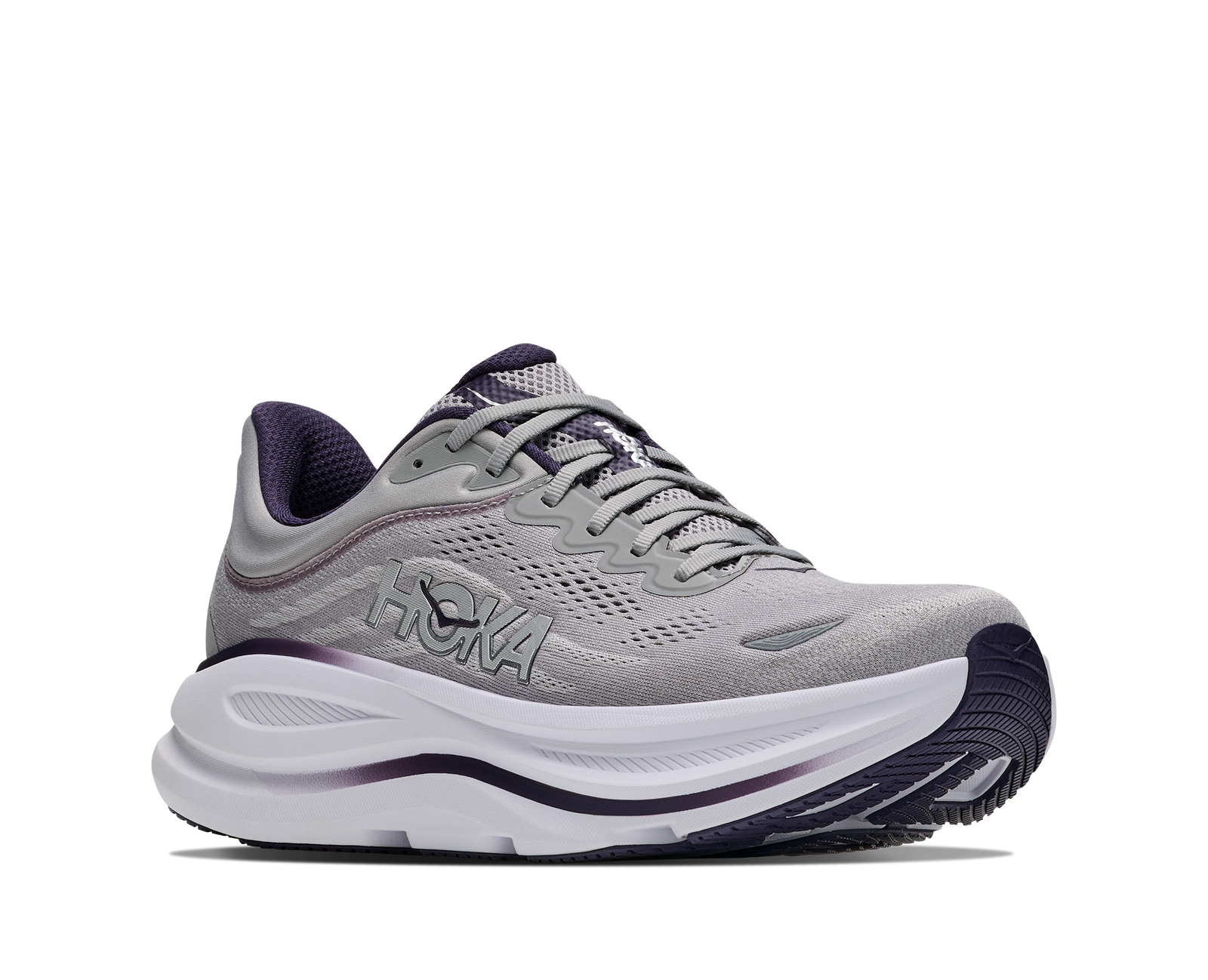 hoka bondi 9 mens, extra cushioned road running and walking shoe, grey with black details, picture of shoe on white background 
