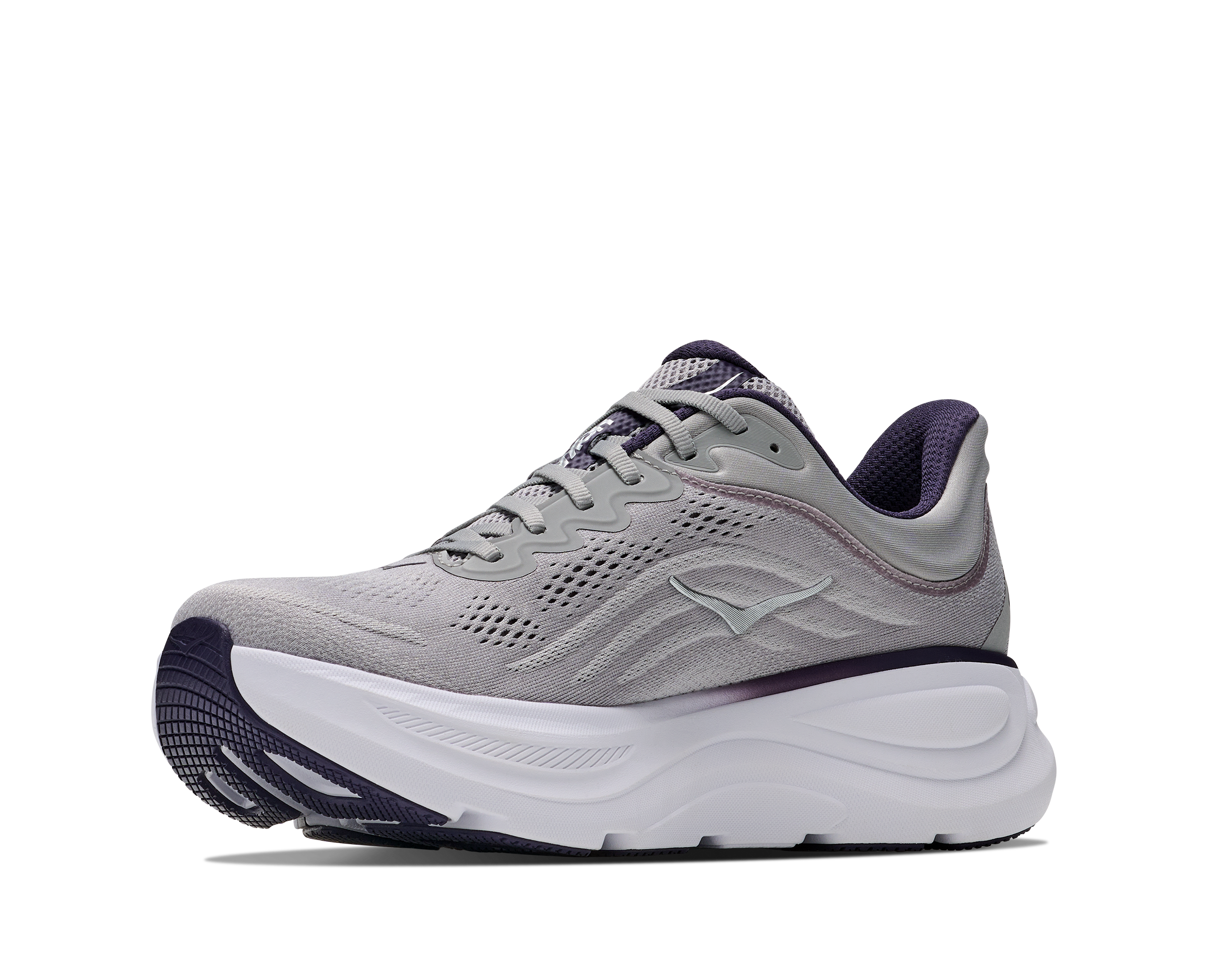 hoka bondi 9 mens, extra cushioned road running and walking shoe, grey with black details, picture of shoe on white background 