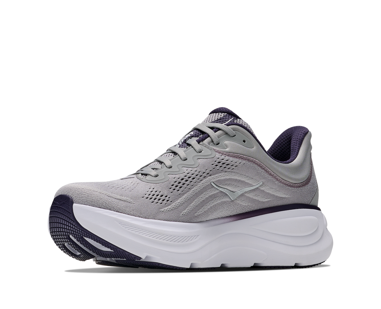 hoka bondi 9 mens, extra cushioned road running and walking shoe, grey with black details, picture of shoe on white background 