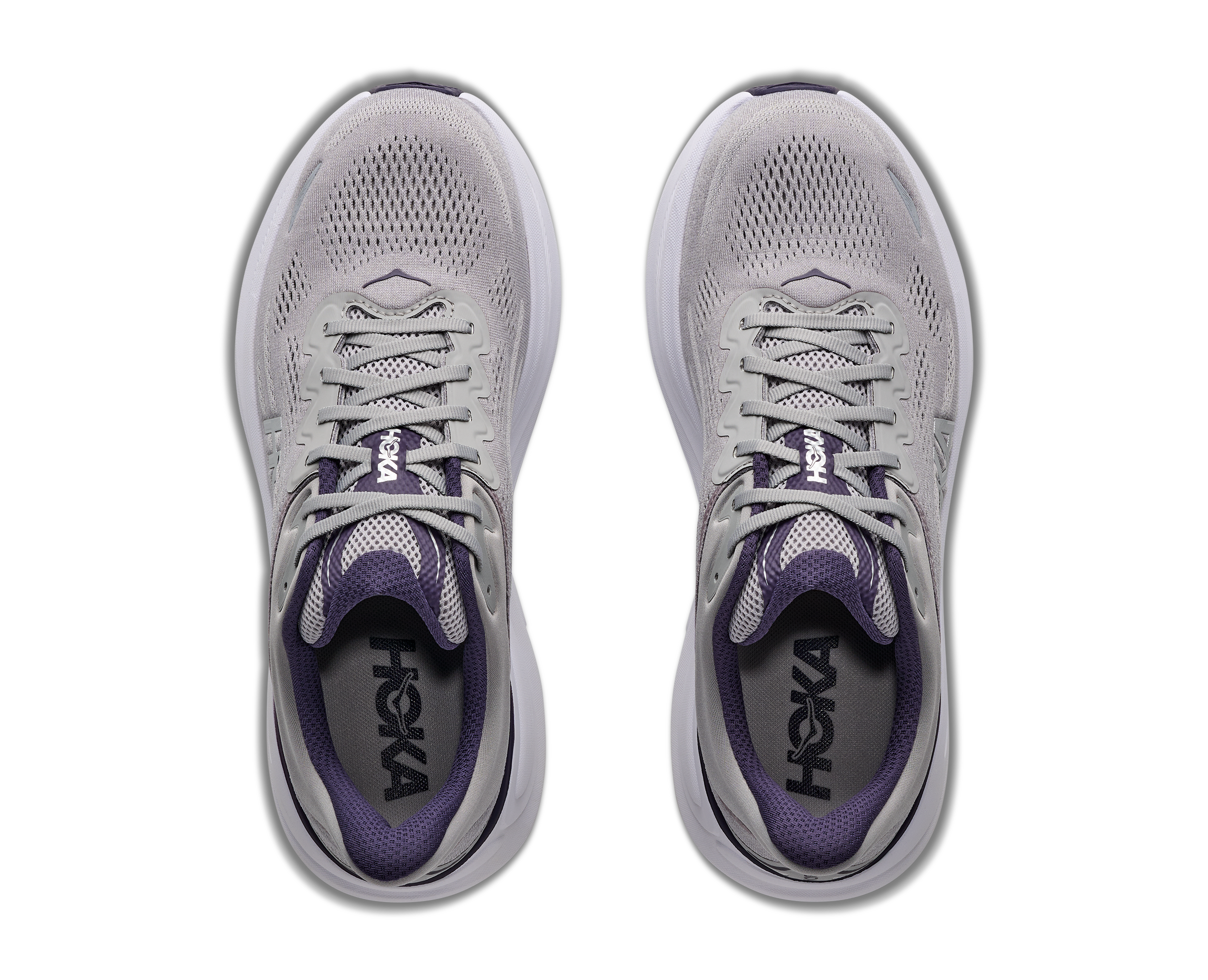 hoka bondi 9 mens, extra cushioned road running and walking shoe, grey with black details, picture of shoe on white background 