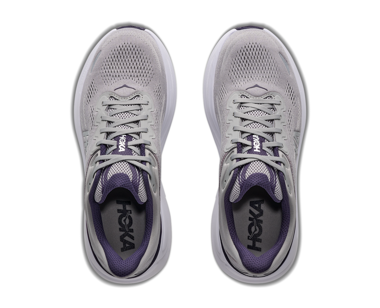 hoka bondi 9 mens, extra cushioned road running and walking shoe, grey with black details, picture of shoe on white background 