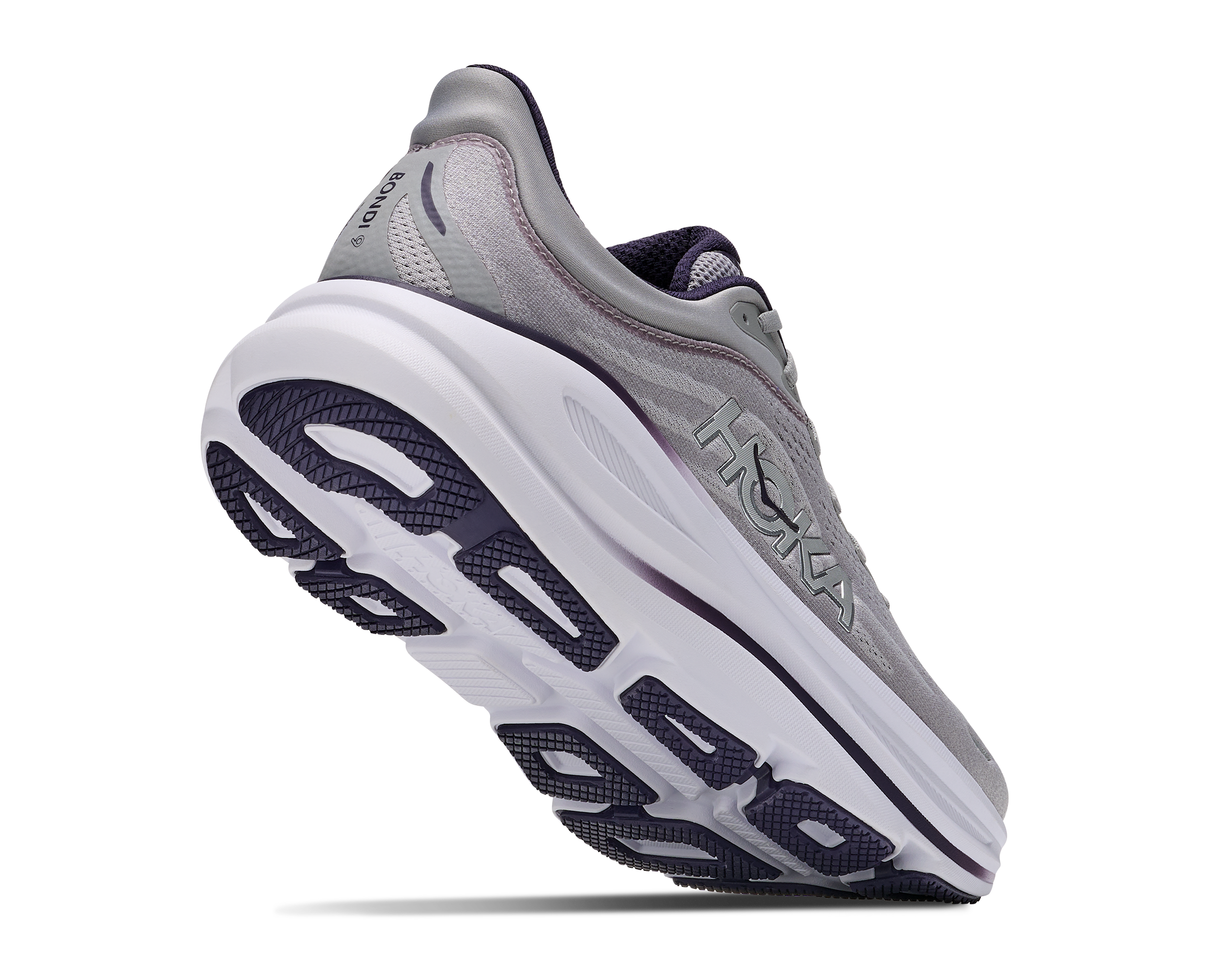 hoka bondi 9 mens, extra cushioned road running and walking shoe, grey with black details, picture of shoe on white background 