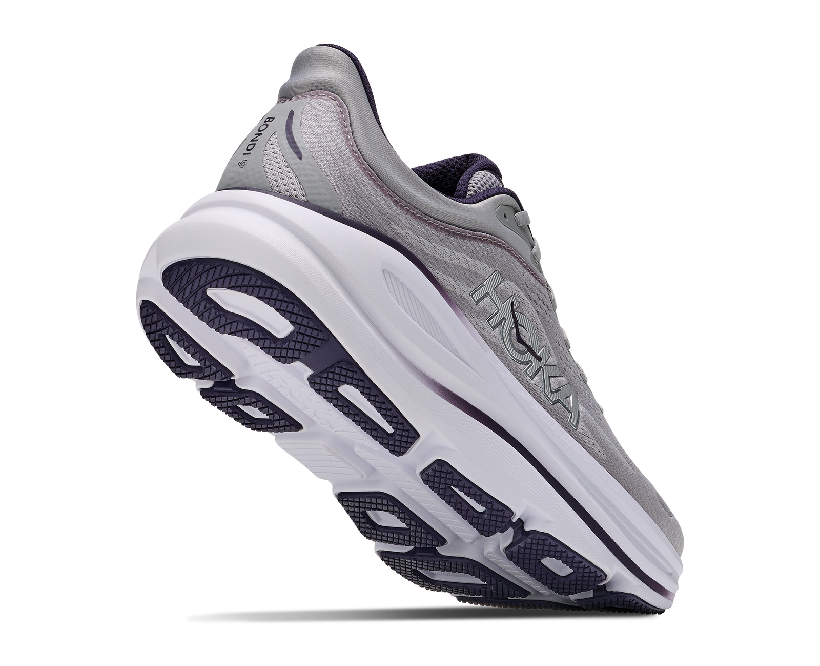 hoka bondi 9 mens, extra cushioned road running and walking shoe, grey with black details, picture of shoe on white background 