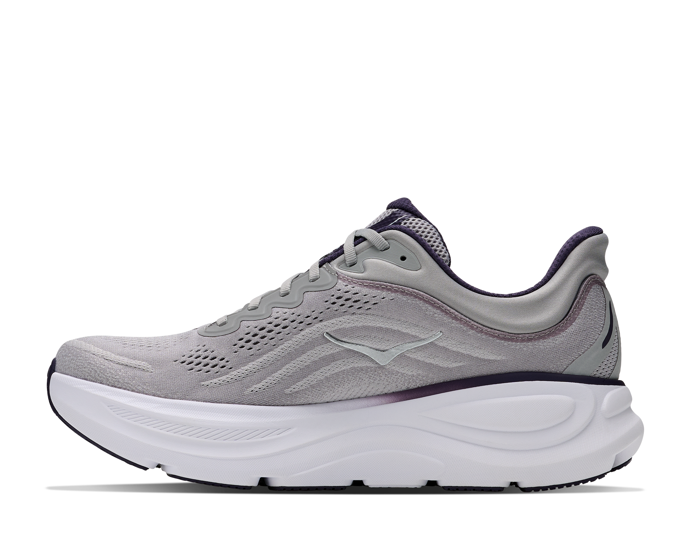 hoka bondi 9 mens, extra cushioned road running and walking shoe, grey with black details, picture of shoe on white background 