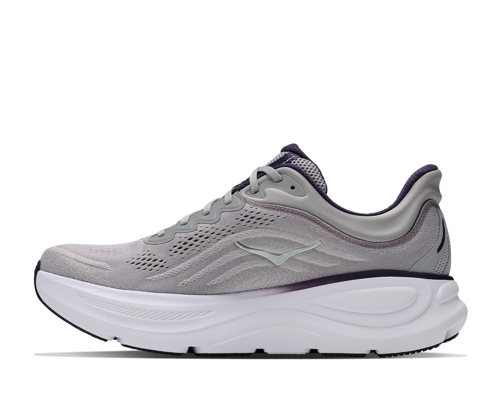 hoka bondi 9 mens, extra cushioned road running and walking shoe, grey with black details, picture of shoe on white background 
