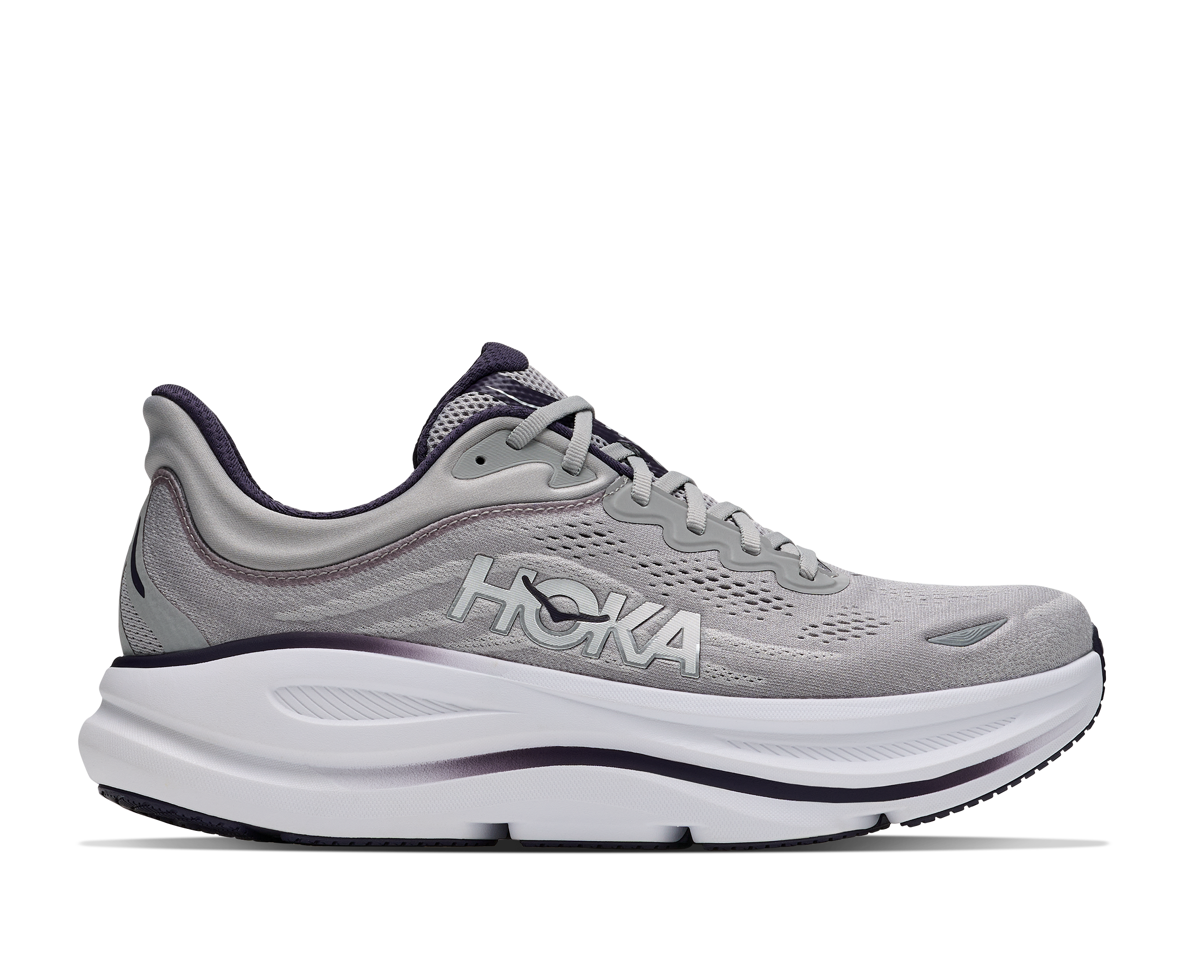 hoka bondi 9 mens, extra cushioned road running and walking shoe, grey with black details, picture of shoe on white background 
