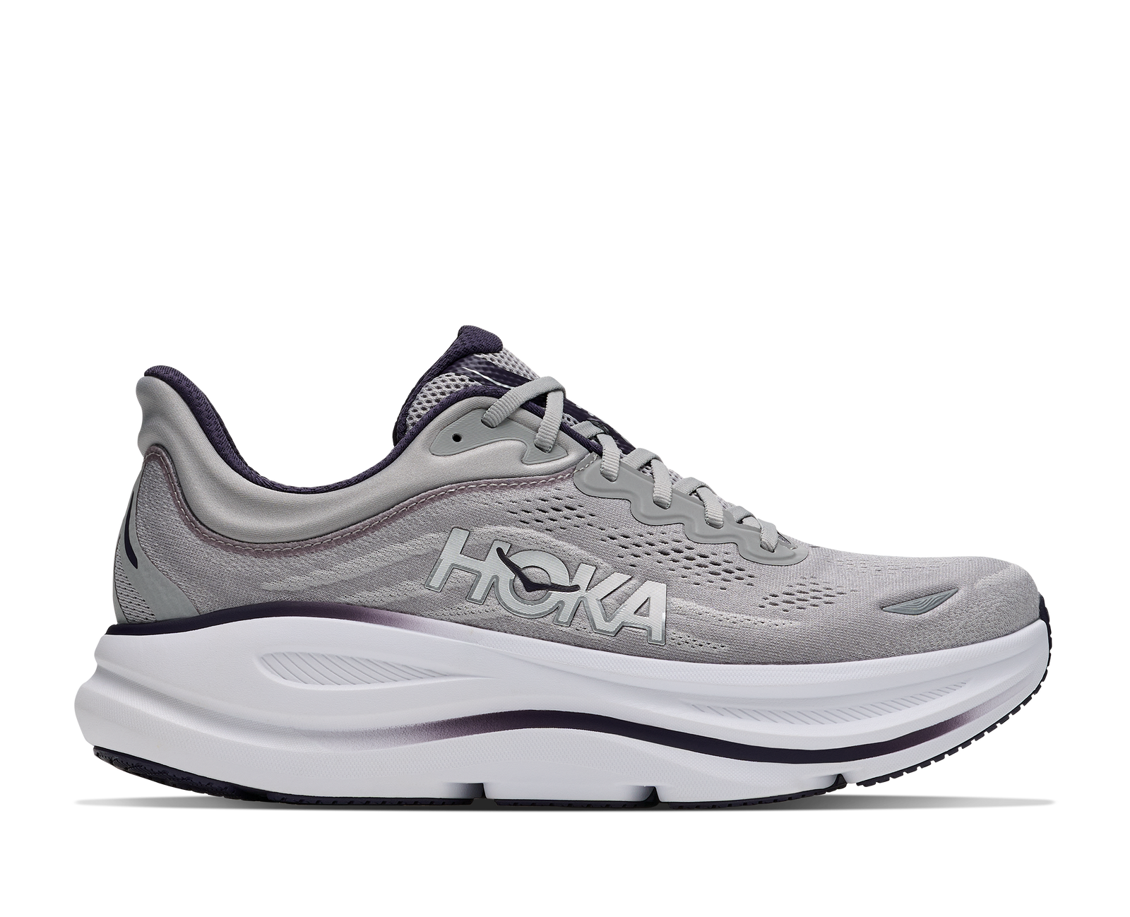 hoka bondi 9 mens, extra cushioned road running and walking shoe, grey with black details, picture of shoe on white background 