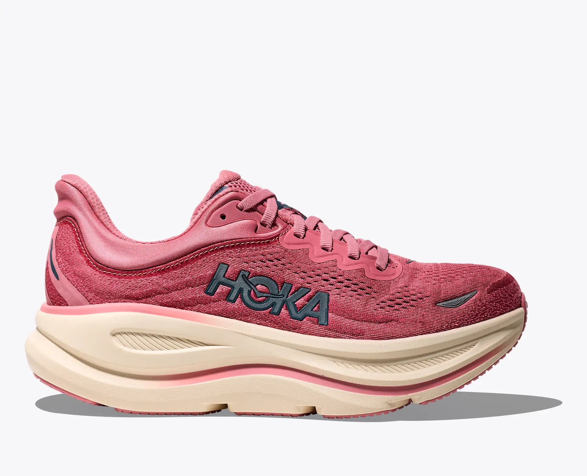 hoka bondi 9 maximum cushioned running shoe for everyday runs dark pink colour with tan sole side profile of the shoe