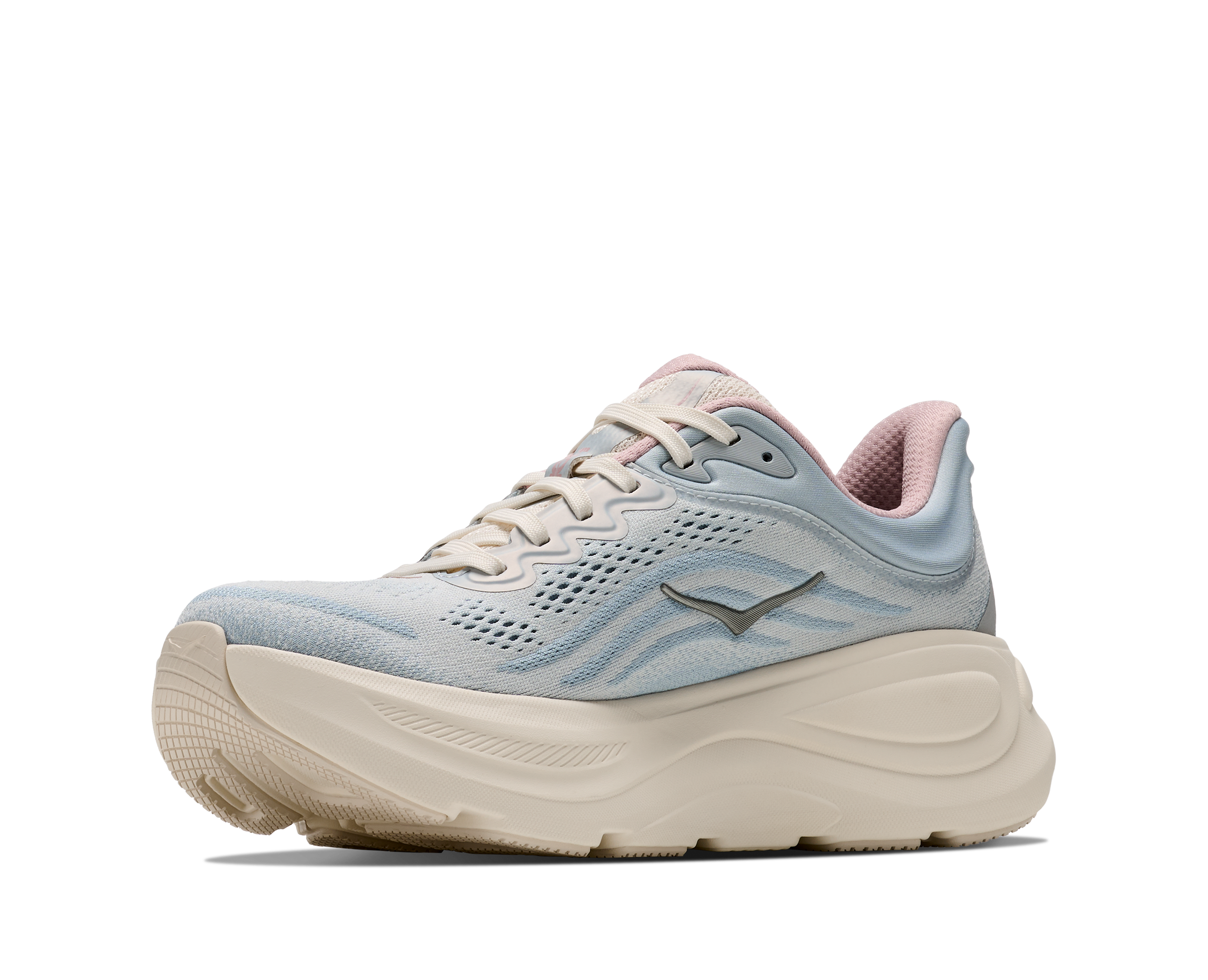 hoka bondi 9 womens, super cushioned road running and walking shoe, light blue and cream with light pink details, picture of shoe on white background.