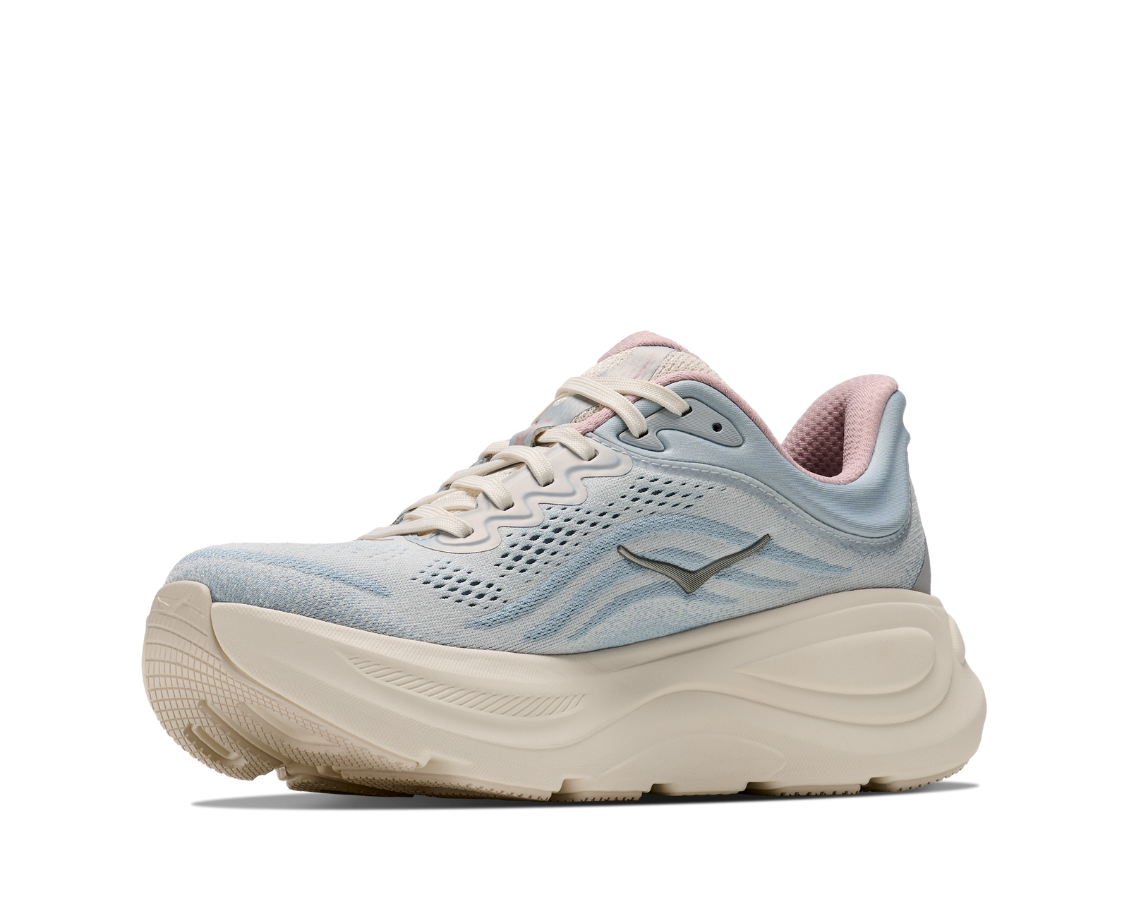 hoka bondi 9 womens, super cushioned road running and walking shoe, light blue and cream with light pink details, picture of shoe on white background.