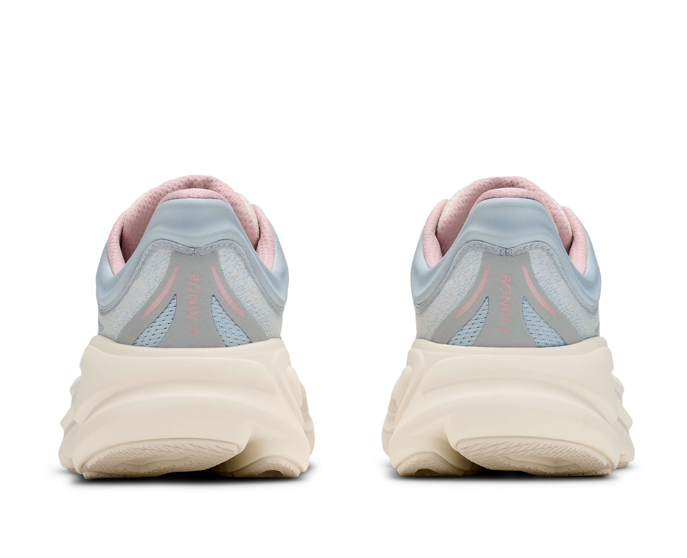 hoka bondi 9 womens, super cushioned road running and walking shoe, light blue and cream with light pink details, picture of shoe on white background.