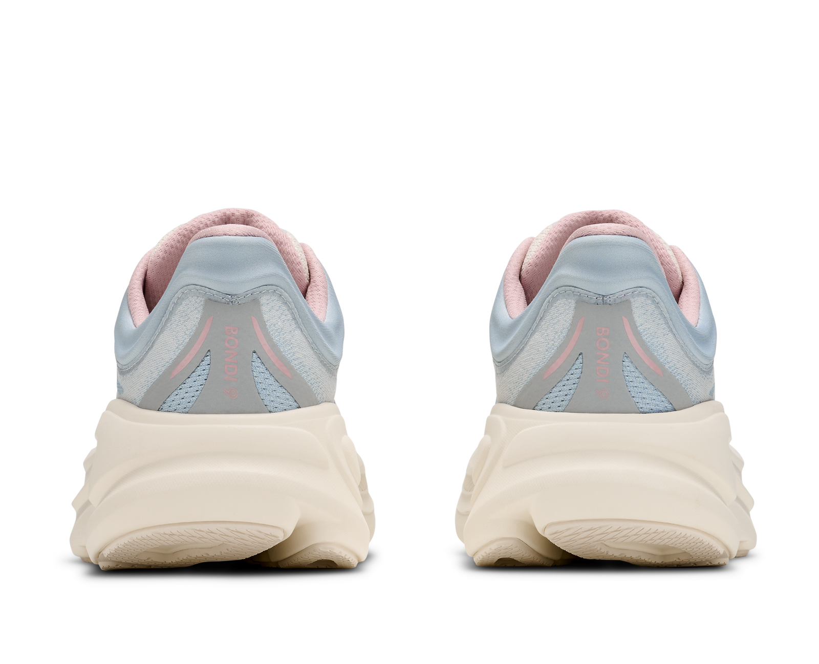 hoka bondi 9 womens, super cushioned road running and walking shoe, light blue and cream with light pink details, picture of shoe on white background.