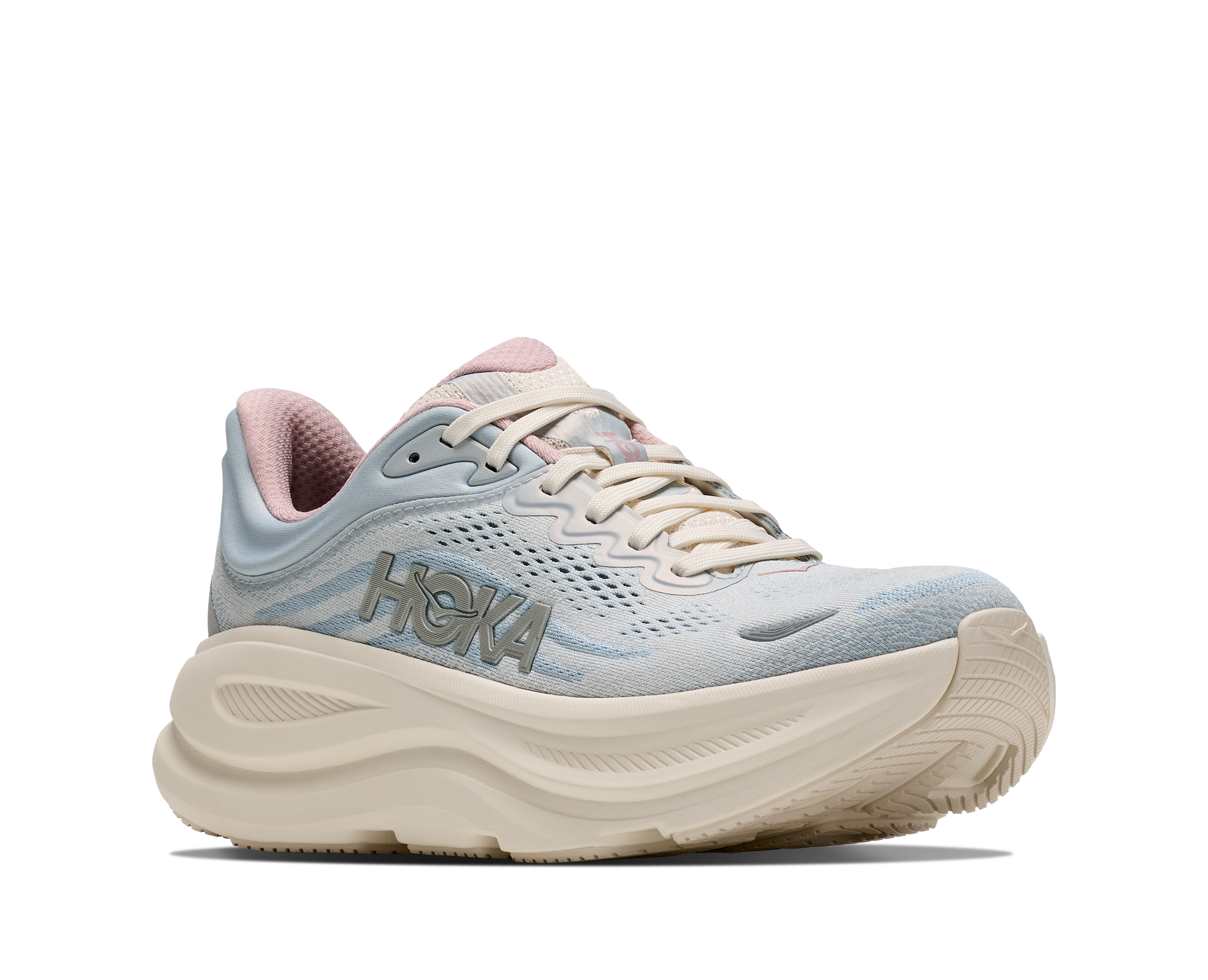 hoka bondi 9 womens, super cushioned road running and walking shoe, light blue and cream with light pink details, picture of shoe on white background.