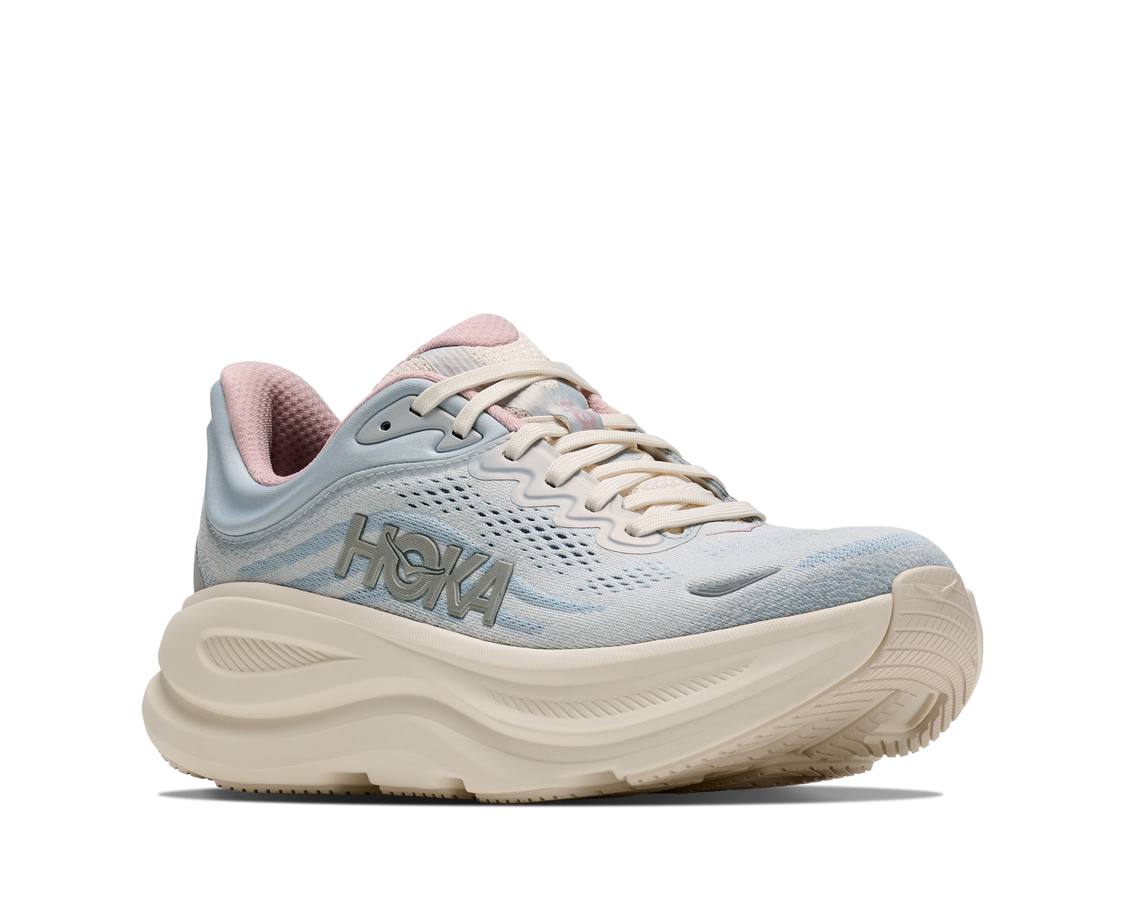 hoka bondi 9 womens, super cushioned road running and walking shoe, light blue and cream with light pink details, picture of shoe on white background.