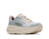 hoka bondi 9 womens, super cushioned road running and walking shoe, light blue and cream with light pink details, picture of shoe on white background.