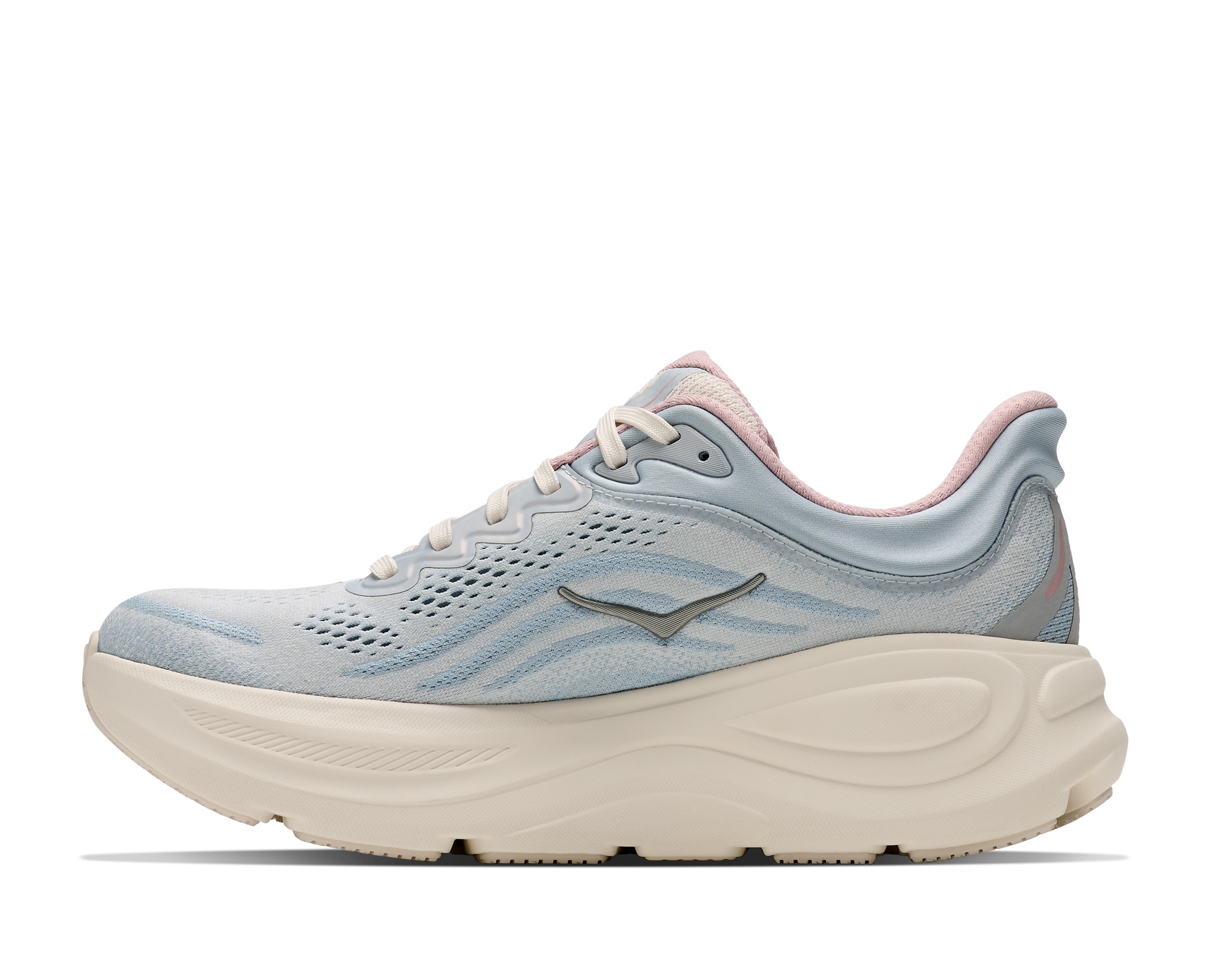 hoka bondi 9 womens, super cushioned road running and walking shoe, light blue and cream with light pink details, picture of shoe on white background.