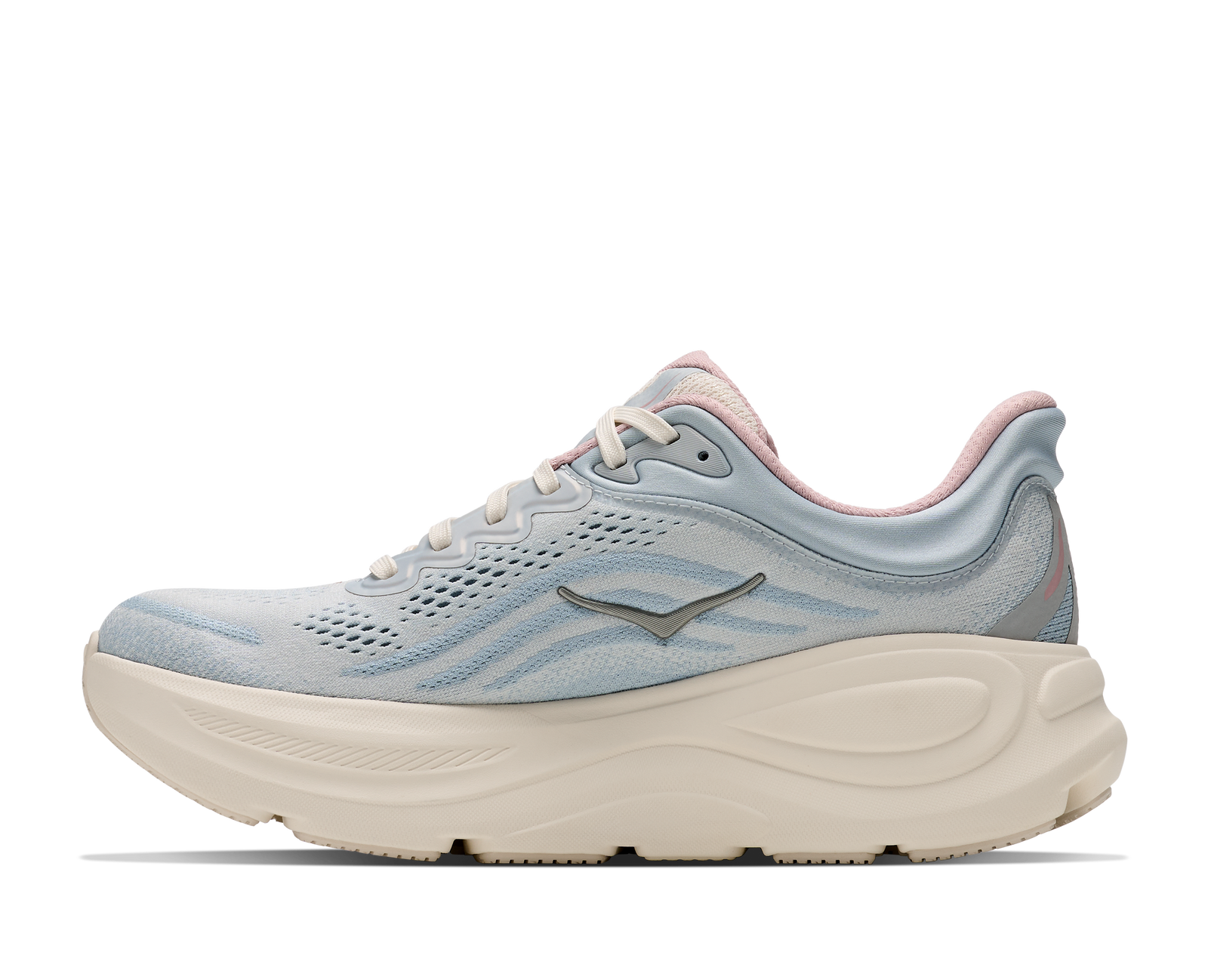 hoka bondi 9 womens, super cushioned road running and walking shoe, light blue and cream with light pink details, picture of shoe on white background.