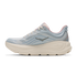 hoka bondi 9 womens, super cushioned road running and walking shoe, light blue and cream with light pink details, picture of shoe on white background.
