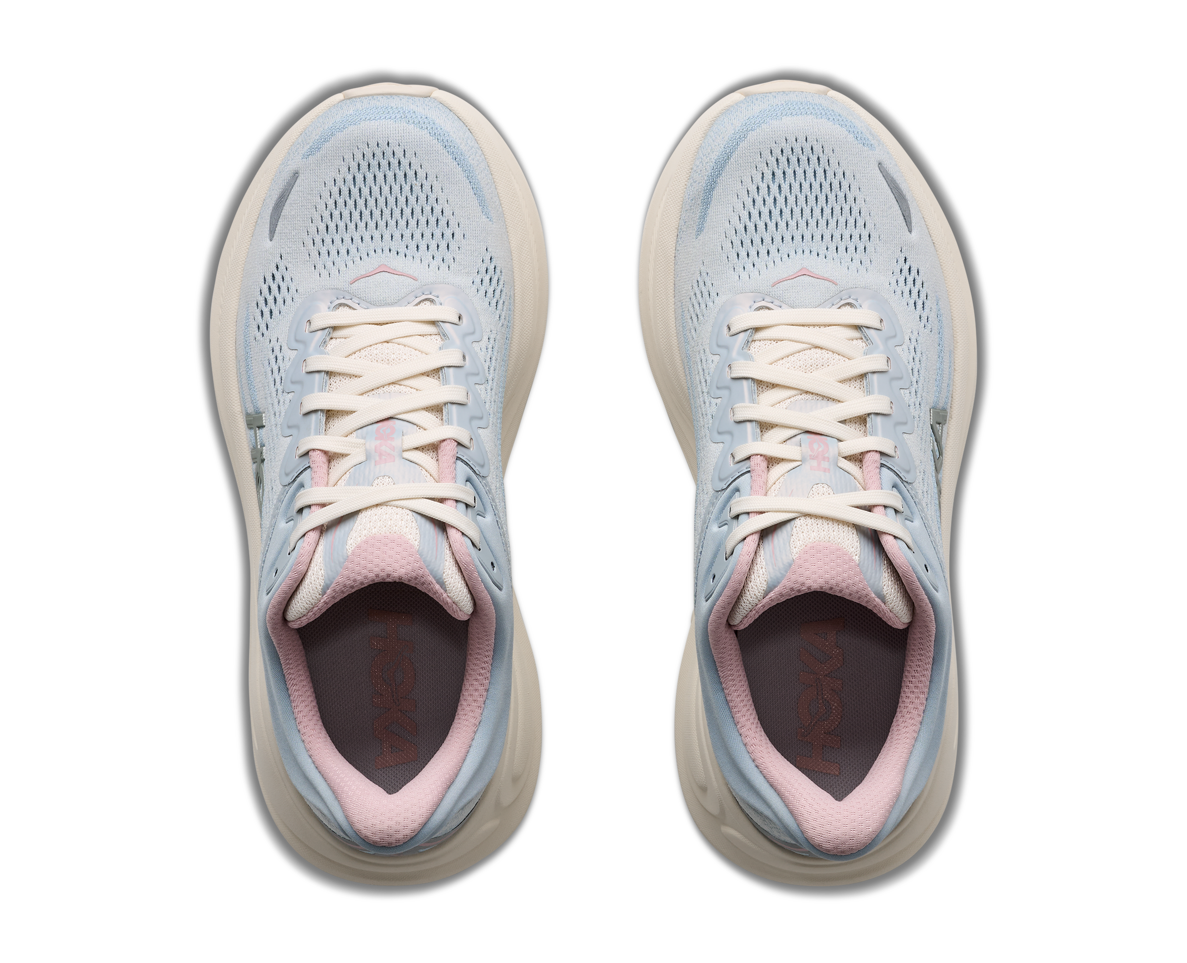 hoka bondi 9 womens, super cushioned road running and walking shoe, light blue and cream with light pink details, picture of shoe on white background.