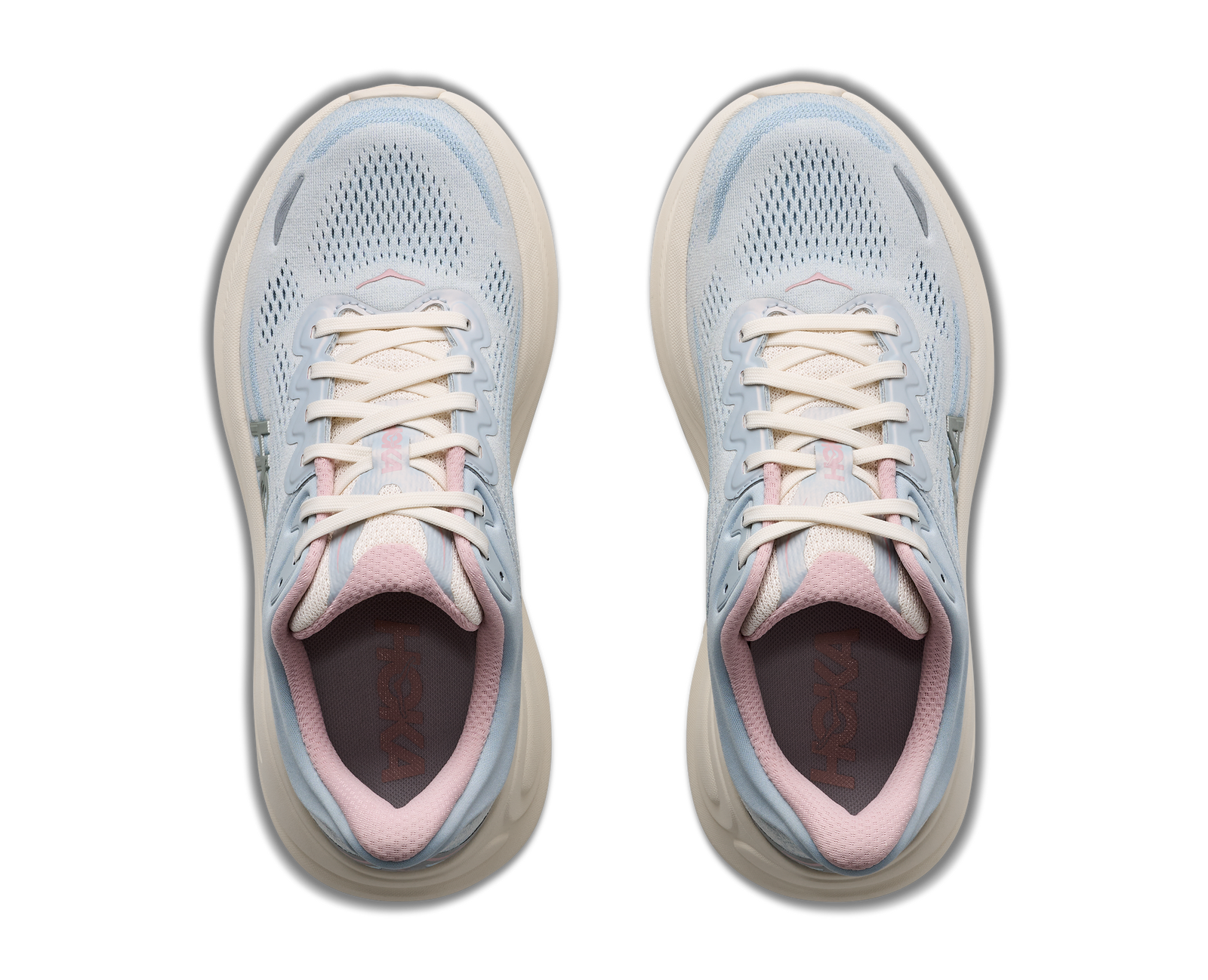 hoka bondi 9 womens, super cushioned road running and walking shoe, light blue and cream with light pink details, picture of shoe on white background.