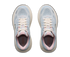 hoka bondi 9 womens, super cushioned road running and walking shoe, light blue and cream with light pink details, picture of shoe on white background.