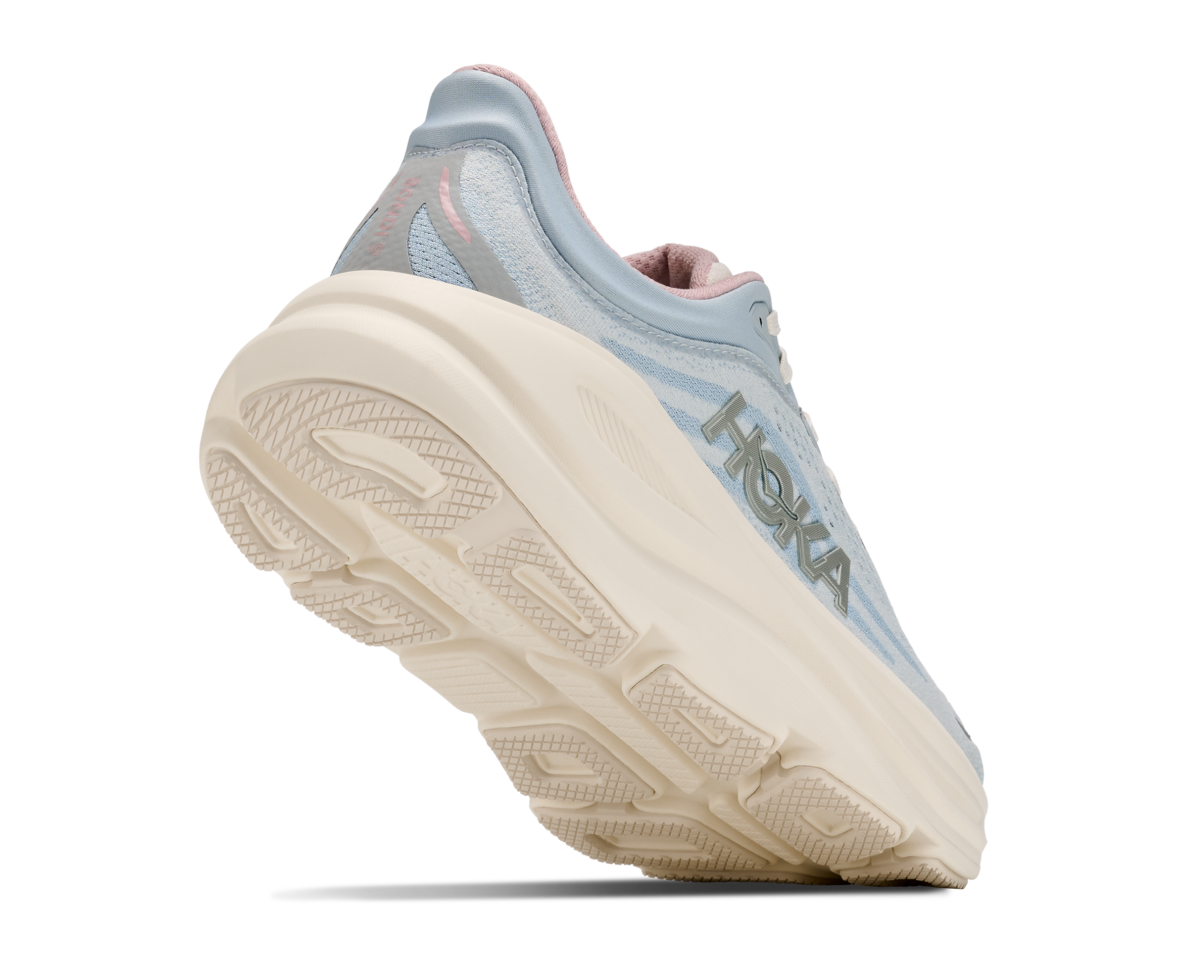 hoka bondi 9 womens, super cushioned road running and walking shoe, light blue and cream with light pink details, picture of shoe on white background.