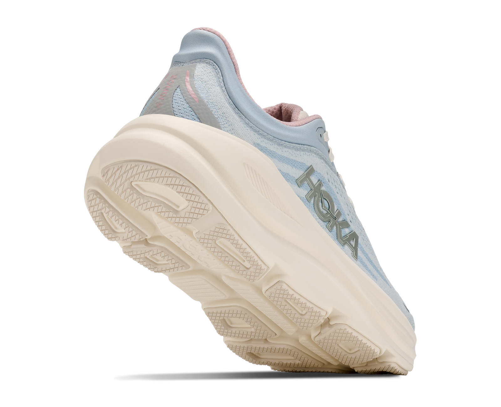 hoka bondi 9 womens, super cushioned road running and walking shoe, light blue and cream with light pink details, picture of shoe on white background.