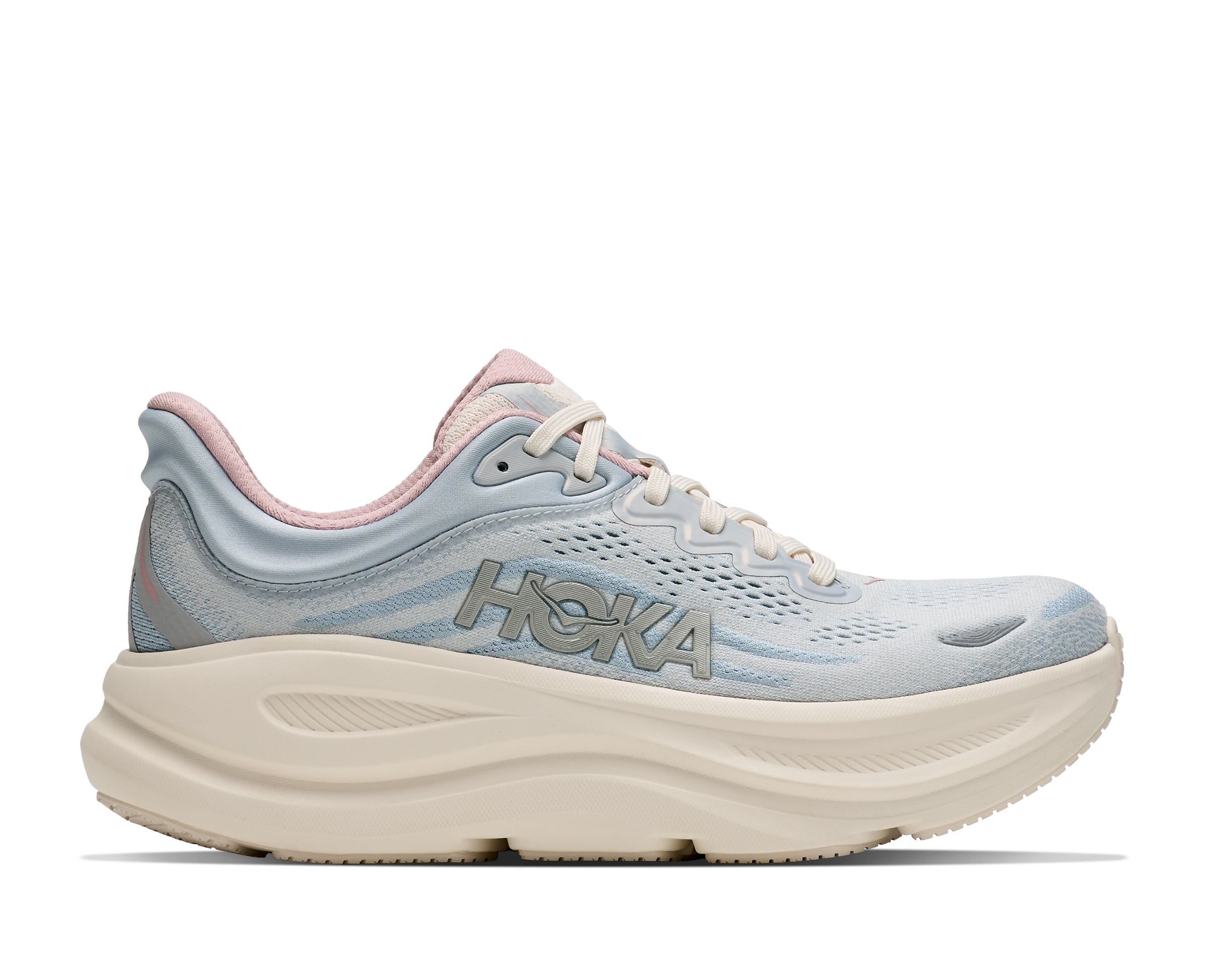 hoka bondi 9 womens, super cushioned road running and walking shoe, light blue and cream with light pink details, picture of shoe on white background.