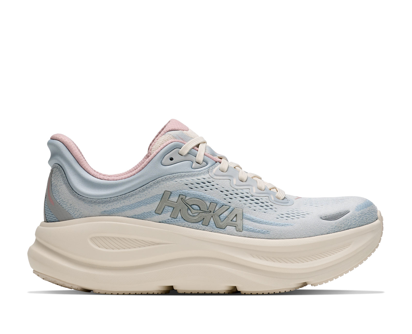 hoka bondi 9 womens, super cushioned road running and walking shoe, light blue and cream with light pink details, picture of shoe on white background.