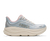 hoka bondi 9 womens, super cushioned road running and walking shoe, light blue and cream with light pink details, picture of shoe on white background.
