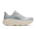 hoka bondi 9 womens, super cushioned road running and walking shoe, light blue and cream with light pink details, picture of shoe on white background.